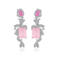 wholesale S925 Sterling Silver Niche Design Natural Topaz Earrings with Purple, Yellow, and Pink Crystal Inlays, Large Carat Colored Gemstone Earrings-Natural pink crystal earrings