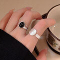 wholesale S925 Sterling Silver Black Agate Double-Layer Adjustable Ring for Women, Korean New Style Luxury Versatile High-End Matte Finish Ring-0-2