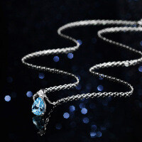 Sterling Silver Lab Blue Topaz Moissanite Necklace, 1ct Geometric Teardrop Pendant-Necklace set with white moissanite