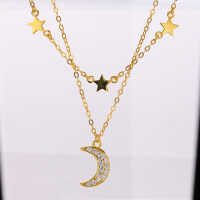 wholesale S925 Sterling Silver Korean Style Minimalist Fashion Star Moon Pendant Necklace for Women, Small Zr Stone Unique Design Choker-Necklace 925 Silver