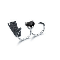 wholesale Designer-style natural heart gemstone ring with tassels, uniquely designed for a niche and sophisticated look 925 silver black onyx ring-Black Onyx Ring>Adjustable opening
