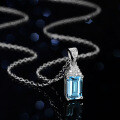 Sterling Silver Natural Blue Topaz Moissanite Necklace Pendant, 1ct Emerald Cut-0-1