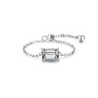 wholesale S925 Sterling Silver Light Luxury Set with Simulated Diamond Zircon Ring for Women, Open Adjustable Chain Ring,Ins Style Silver Jewelry-Golden rectangle Adjustable opening