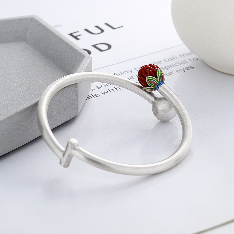wholesale S990 Sterling Silver Vintage Matte Finish Southern Red Agate Flower Bud Lotus Pod Ethnic Style Adjustable Bangle-0-1