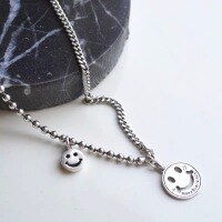 wholesale 925 Sterling Silver Double Smile Face Necklace for Women, European and American Style, Personalized Ins Fashion, Elegant and High-End Sense Collarbone Chain-xb998-white gold