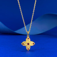 wholesale Metal Material: S925 Silver Four-leaf Clover Necklace with Double-sided Golden Edges and Red Crystal Accents, Chinese Style, Adjustable Chain-N507 Four-leaf Clover Necklace 925 Silver
