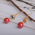 wholesale Silver-gilt, Enamel Cloisonné, Imperial Cinnabar Bead Earrings with Lotus Motif in Neo-Chinese Palace Retro Style-0-1
