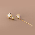 wholesale S925 silver asymmetrical synthetic cat's eye stone cat paw bell earrings, Japanese and Korean style, M00782-0-1