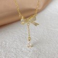 wholesale S925 Silver Bow Tassel Necklace for Women, Set with Zircon, Fairy-like Collarbone Chain, Gentle Necklace-0-2