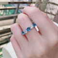 wholesale 925 Silver European and American Micro-Paved Round Diamond 5*5 Aquamarine Women's Index Finger Ring-0-3