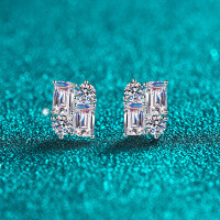 S925 Silver Full Moissanite Women's Rectangular Stud Earrings-2.4-carat moissanite  925 silver