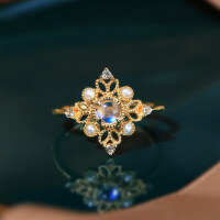 wholesale 18K Gold Korean Style Fashion Elegant Vintage Hollow-out Pearl Ring with Natural Moonstone, 14K, 9K, Drop Shipping-18K Gold + Moonstone + Topaz + Pearl Opening HK11
