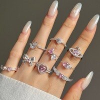 wholesale S925 sterling silver lightweight luxury high-end delicate pink heart-shaped zirconia stylish sweet fashion ring-Platinum DY120765-SW-WH>Adjustable opening