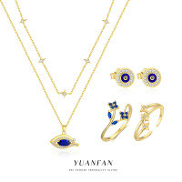 wholesale S925 Sterling Silver Evil Eye Necklace Set with French-style Flower Ring and Zircon Earrings-Demon Eye Set - 5-Piece Combo A4000-A4241-YE0194-K2155-K2184 925 Silver