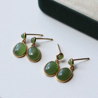 wholesale S925 Silver Inlaid Natural Hetian Jade Jasper Ear Studs, New Chinese Minimalist Style, Live Streaming Hit, Wholesale from Manufacturers-Natural Jasper Earrings