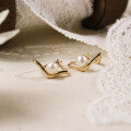 wholesale S925 Gold-Plated French Freshwater Pearl V-Shape Earrings for Women, Simple and Elegant-0-3