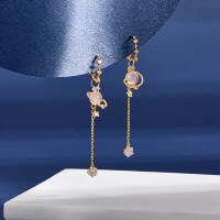 wholesale S925 Gold-Plated Silver with Natural Rose Quartz Long Earrings, Korean Japanese Lady Style Ethereal Maiden-Rose Quartz Star Track Earrings