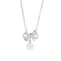wholesale S925 sterling silver runaway princess full diamond bow pendant women's pearl necklace elegant design collarbone chain with engraving-0-4