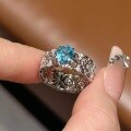 wholesale S925 Sterling Silver Vintage Lace Craft Light Sea Blue Gemstone Ring High-End Vintage Mallard Style Diamond Ring-0-4