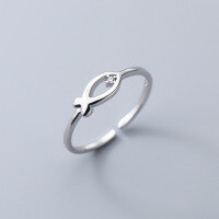 wholesale S925 silver single diamond hollow-out small fish ring, simple and cute animal Korean style summer jewelry J9758-S925 silver one piece>Adjustable opening