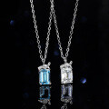 Sterling Silver Natural Blue Topaz Moissanite Necklace Pendant, 1ct Emerald Cut-0-4