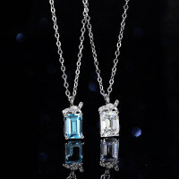 Sterling Silver Natural Blue Topaz Moissanite Necklace Pendant, 1ct Emerald Cut-Inlaid with natural blue topaz  925 silver
