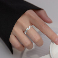 wholesale S925 Sterling Silver Bud Leaf Open Ring with Diamond Accent, Minimalist Design Elegant Leaf Jewelry for Women J9546-S925 silver one silver opening adjustable