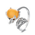 wholesale S925 Sterling Silver Vintage Style Small Fox Amber Beeswax Stone Trendy Chinese-inspired Adjustable Ring-0-5