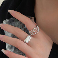 wholesale S925 Sterling Silver Unique Hollow Open Ring for Women, Minimalist Korean Style with Intricate Craftsmanship-Geometric texture style (opening + full body sterling silver)