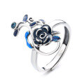 wholesale S925 Sterling Silver Vintage Bohemian French Style Enamel Plique-à-jour Blue Filled Hollow Rose Flower Ring, Unique Forest Series Ring-0-4