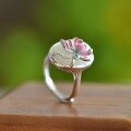 wholesale Gold-plated 925 sterling silver with certificate, cold enamel lotus flower ring, large cabochon gemstone, openable index finger ring for women-0-6