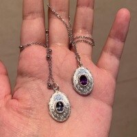 wholesale 925 Sterling Silver Vintage Photo Locket Pendant Necklace with Elliptical Engraving and Diamond Inlay, a Unique and Luxurious Western Retro Collarbone Chain-Purple Diamond 925 Silver