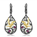 wholesale S925 sterling silver earrings with original design "Paradise of Birds", inlaid with natural topaz and garnet, black-0-4