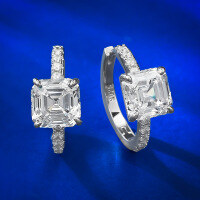 wholesale 925 Silver Metal Material, Mu Jing Jewelry New High Carbon Cut Asscher 8*8 Yellow White Pink Ear Hoop for Women, Hot Selling in Europe and America-E327 White Diamond &gt;925 Silver