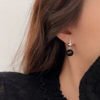 wholesale S925 Sterling Silver Natural Black Agate Bead Stud Earrings for Women Ins Trendy Minimalist Stylish High-End Earrings-Pure silver + natural black agate