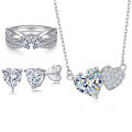 wholesale 925 Silver European and American Love Heart Necklace Double Heart Ring Heart-shaped Zircon Earrings Pure Silver Jewelry Set 3-Piece High-end-0-0