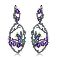 wholesale 925 Silver Secret Garden Designer Earrings, Flying Bird in the Bush Design Chinese Style Natural Gemstone Earrings-Natural amethyst earrings