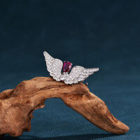 wholesale Metal Angel Wing Ring for Women, Cross-Border European and American Bestseller, INS Minimalist Style, Simple and Unique, Diamond-Studded Open Adjustable Wing Ring-xb587-white gold + red corundum opening adjustable