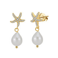 wholesale S925 Sterling Silver French-style Niche Luxury Starfish Earrings with Diamond Inlay and Pearl, Accessories for Cheongsam and Hanfu, Wholesale-14K gold, 925 sterling silver, natural freshwater baroque beads, 3A zircon, approximately 2.24g.