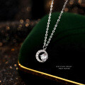 925 Sterling Silver Shiny Crescent Pendant Necklace with Zircon and Moissanite-0-2