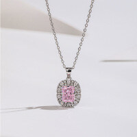 wholesale S925 Sterling Silver European and American New Style Women's Choker Necklace Square Diamond Ice Flower Cut High Carbon Diamond Pendant TikTok Same Style Wholesale-Pink Diamond Necklace 925 Silver