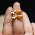 wholesale S925 Silver Inlaid Natural Old Beeswax Maple Leaf Stud Earrings, Mustard Yellow Amber Ear Drops-0-2