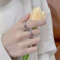 wholesale S925 Sterling Silver Vintage Style Openwork Ring with Red Agate Inlaid Gourd Design for a Fashionable and Personalized Index Finger-YFJ1137/matte approx. 2.3g opening adjustable