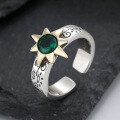 wholesale S925 Sterling Silver Graffiti Eight-Pointed Star Green Zircon Ring, Trendy and Stylish Unisex Index Finger Ring-0-2