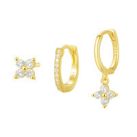 wholesale S925 Sterling Silver Four-leaf Clover Earrings With Zircon, French-style, Exquisite And Compact-Single three-piece set 925 silver