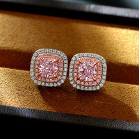 wholesale 925 Silver New 15ct Cushion 6*6 Ice-Cut Earrings with Luxe European-Inspired Style-Pink [E-2143] Main Stone 6*6