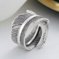wholesale S925 Sterling Silver Vintage Heavy Wide Feather Adjustable Open Ring Punk Style Statement Ring-0-2