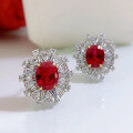 wholesale 925 Sterling Silver with High-Carbon Diamond ShuHua Earrings for Women, Featuring an 8*10 Oval Ruby with Surrounding Setting, New Collection from MuJing Jewelry-0-2
