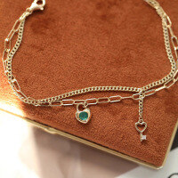 wholesale S925 Sterling Silver Overlapping Layered Ins Style Heart Lock and Key Double Layer Bracelet for Women, Fashionable and Versatile-BS0027-Gold 925 Silver