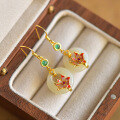 wholesale 925 Silver Gilded with Certificate, Ancient-style Earrings with Inlaid Hetian Jade, Cold Enamel Lotus Princess Clasp, Jade Stone Earrings for Women-0-5